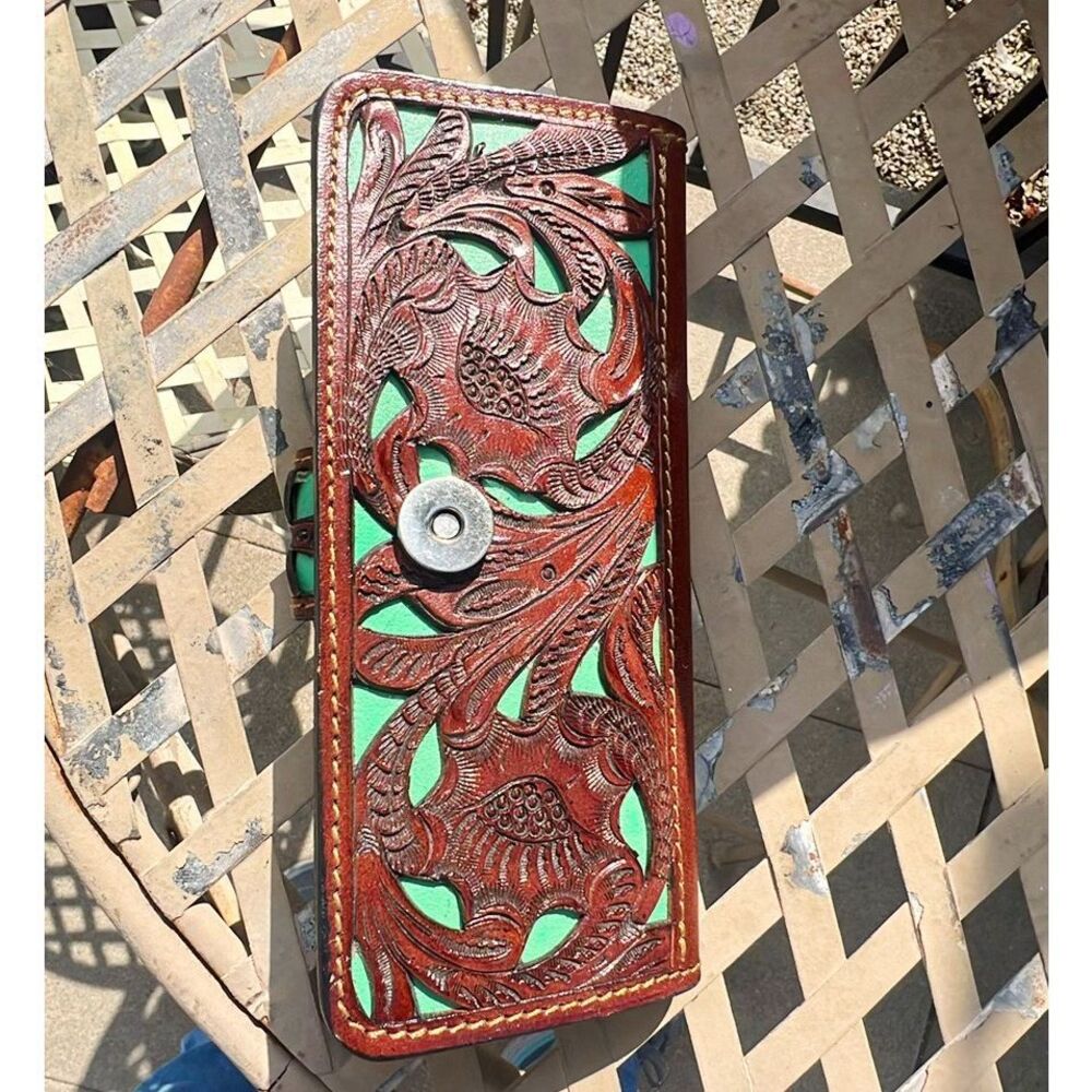 Hand Tooled Leather Western Wallet Brown/Teal Leather - Picture 4 of 4